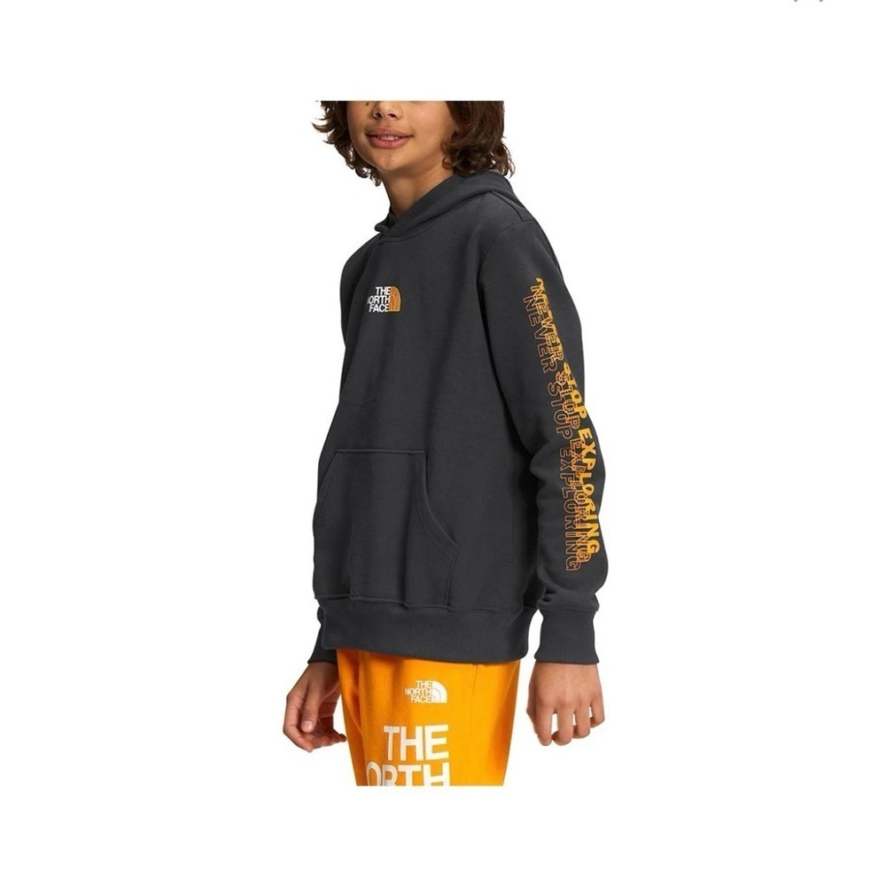 The North Face Charcoal Hoodie with Vibrant Orange Sleeve Design
